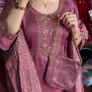 Pink Ethnic Motifs Printed Straight Sequinned Organza Kurta with Trousers & Dupatta