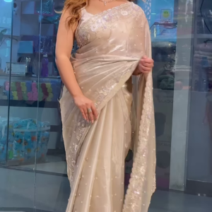 Party Modern Embroidered with Heavy Border Organza Brown Saree with Unstitched Blouse