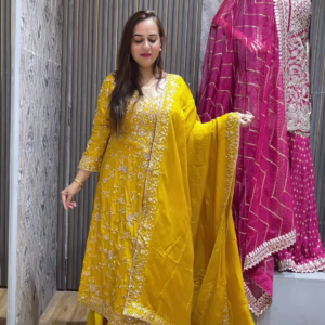 Women Yellow Ethnic Motifs Embroidered Gotta Patti Kurta with Sharara & Dupatta