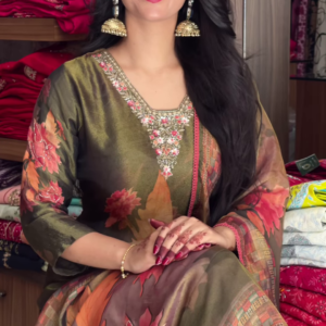 Woven Design Silk Blend Straight Kurta With Palazzos & Dupatta