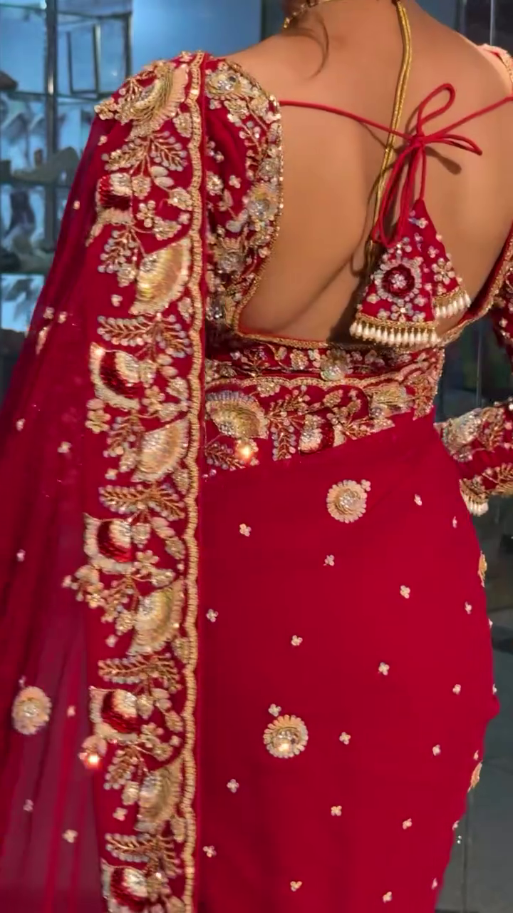 Radiant Beauty: Red Bridal Saree with Golden Embroidery - Image 5