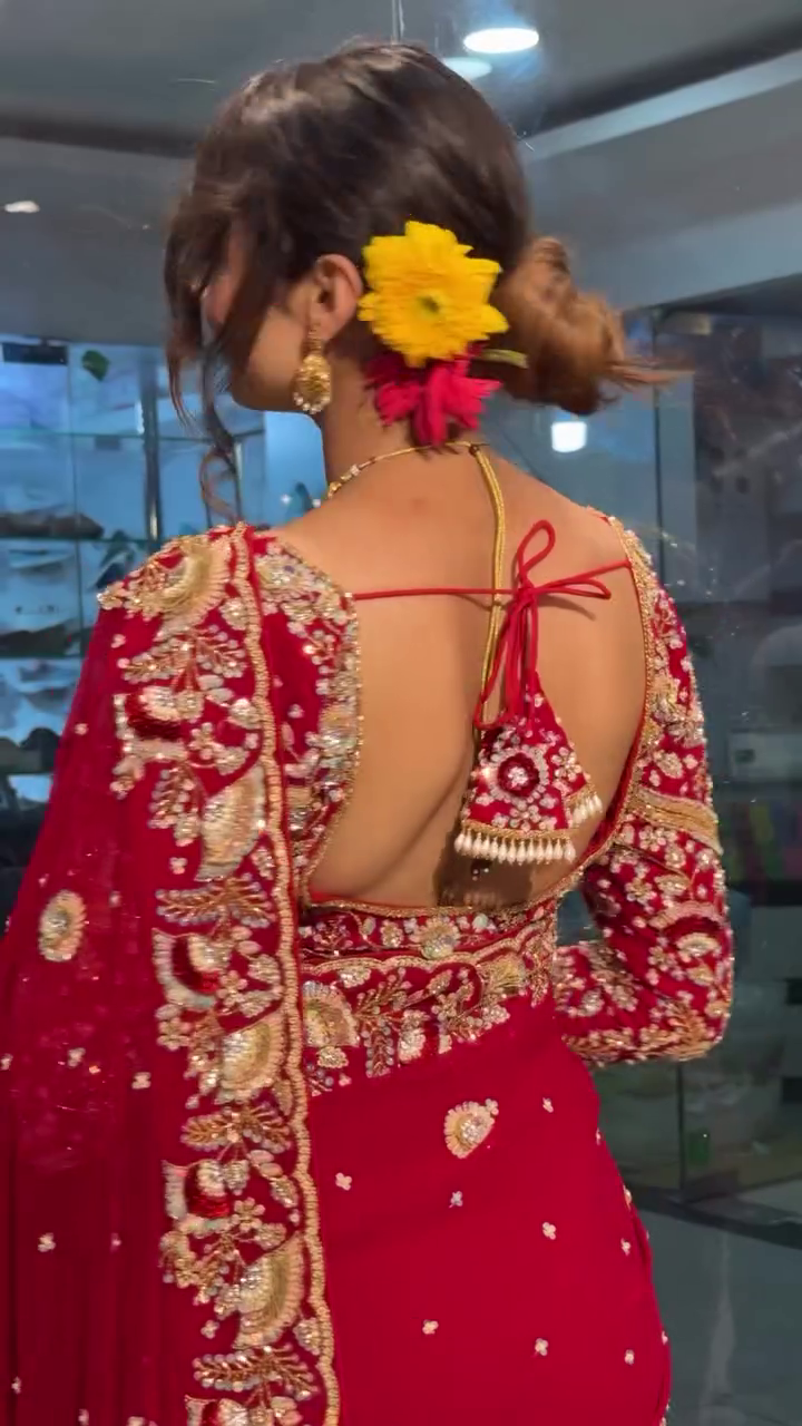 Radiant Beauty: Red Bridal Saree with Golden Embroidery - Image 3