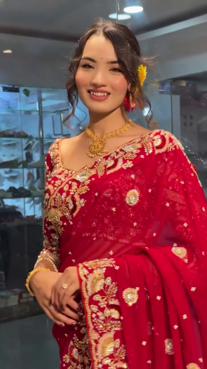 Radiant Beauty: Red Bridal Saree with Golden Embroidery - Image 8