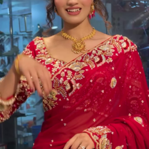 Radiant Beauty: Red Bridal Saree with Golden Embroidery