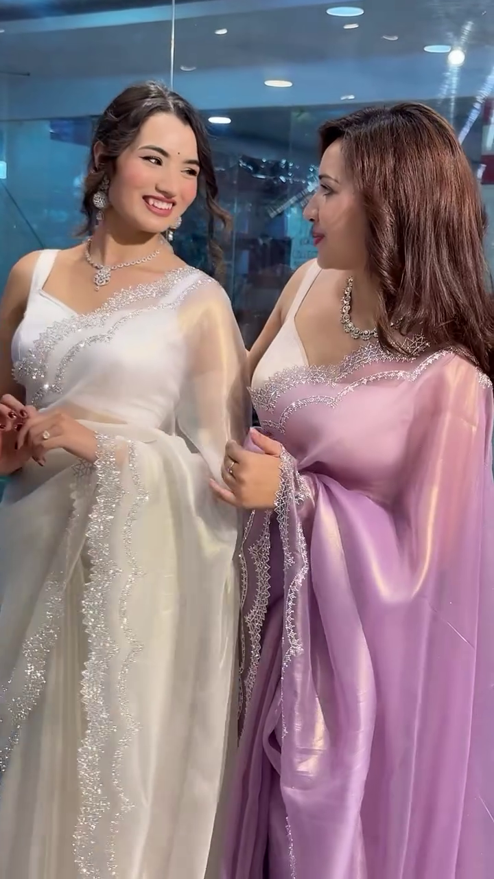 Pink AND WHITE Saree Organza Embellished Rhinestone V Neck With Blouse