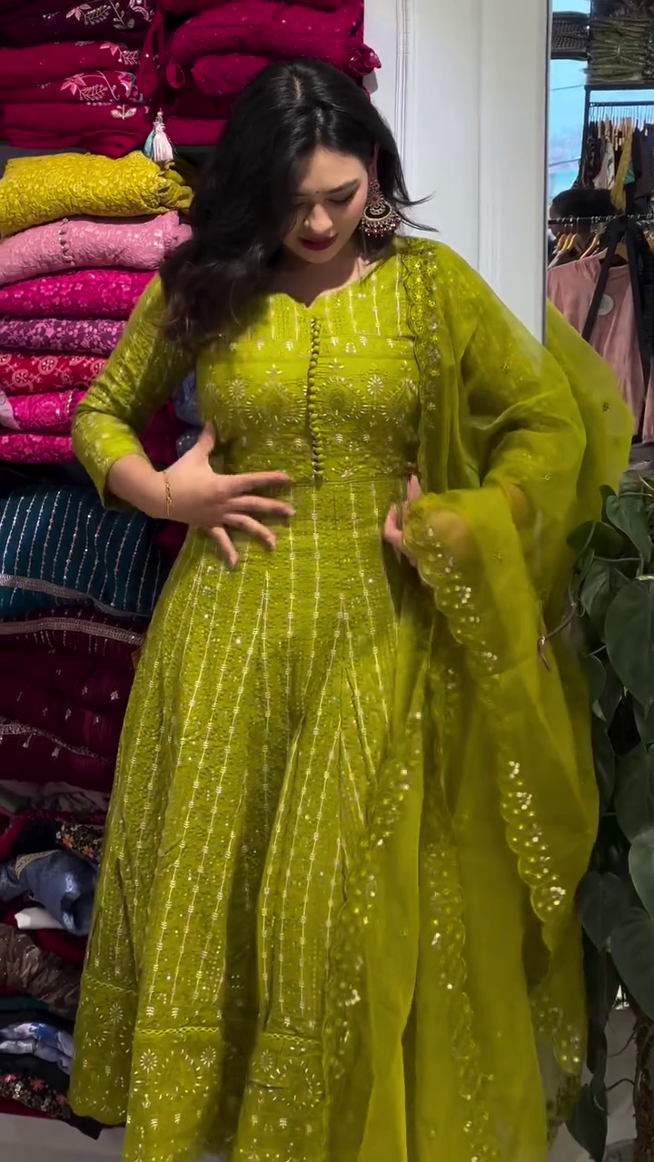 Cotton Anarkali Kurti with Heavy Kalidaar Embroidery, Embroidered Cotton Pant, Dupatta Set - Image 2