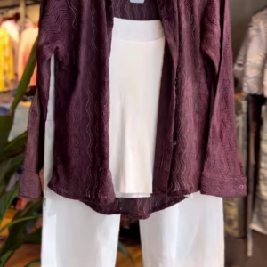 Wine Textured Shirt & White Wide-Leg Pants – Sophisticated Elegance with a Modern Twist