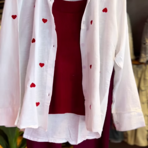 White & Red Heart Embroidered Co-ord Set – Chic & Playful