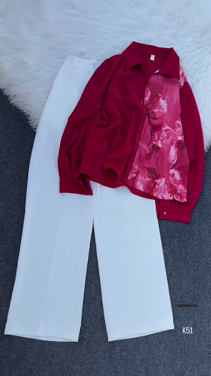 Elegant Floral Blouse & Wide-Leg Pants Set – Chic & Sophisticated