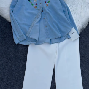 Embroidered Denim Shirt with White Wide-Leg Pants – Classic & Elegant