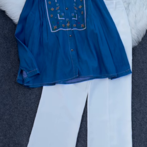 Embroidered Denim Shirt with White Wide-Leg Pants – Elegant & Stylish