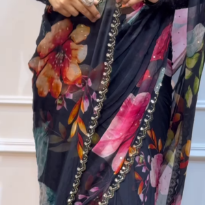 Black colour Shiffon Printed Saree with swaroski diamond work