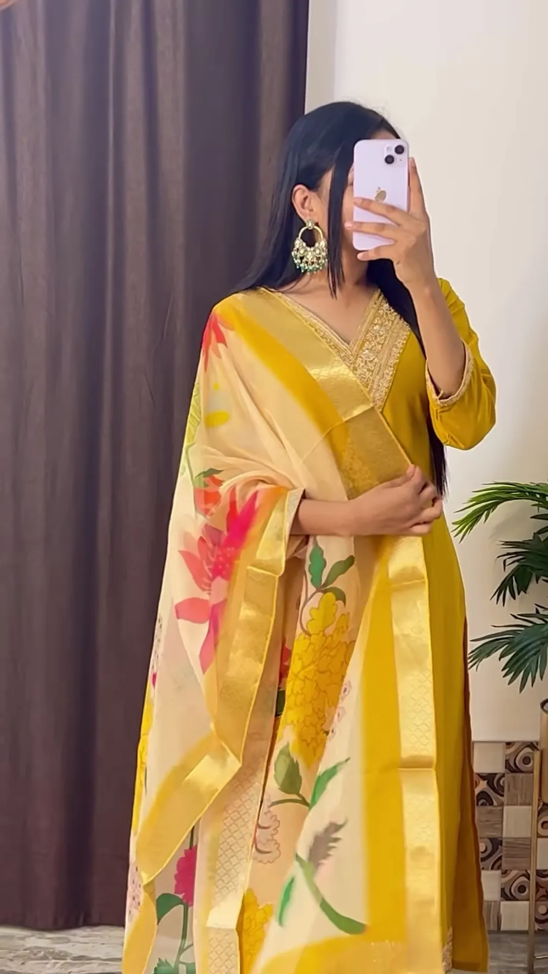 yellow coloured Handwork Kurti With Pant & Fancy Organza Dupatta - Image 6