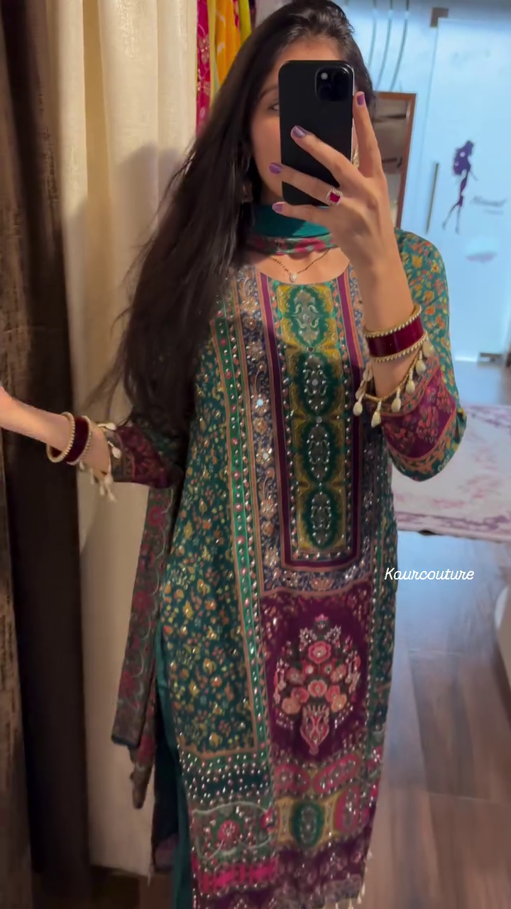 heavy chinon printed with mirror and kodi work 3 pcs suit set