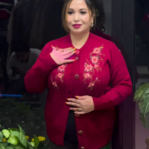 Plus Size Embroidered Pure Acrylic Cardigan