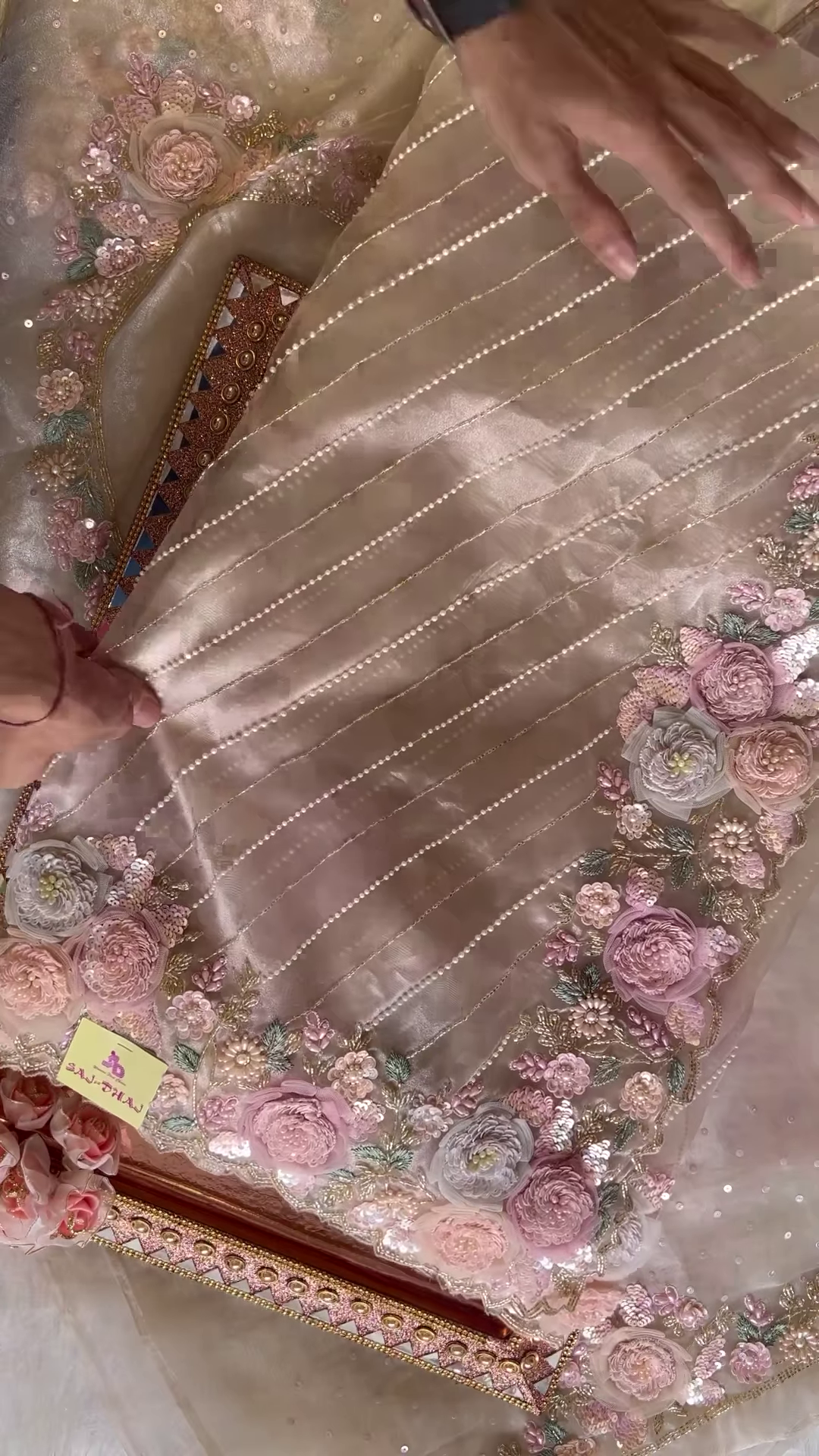 Elegant Embroidered Saree with Floral Motifs and Pearl Accents - Image 4