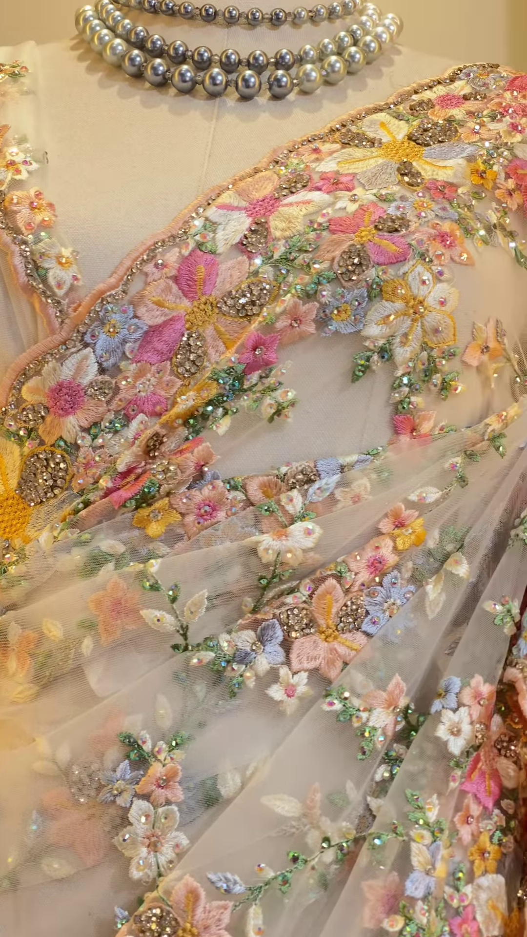 Hand-Embroidered Floral Net Saree – 5 Dreamy Shades