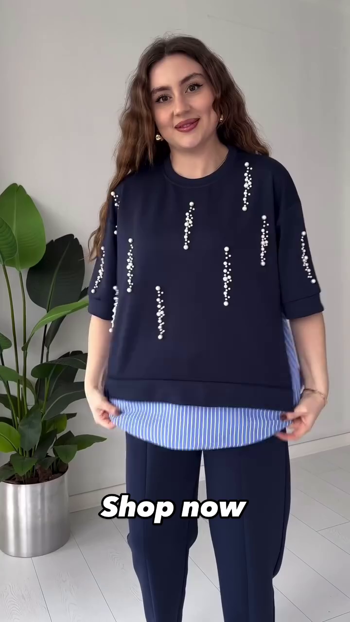 Chic Navy Blue Pearl-Embellished Layered Top – Trendy & Elegant - Image 2