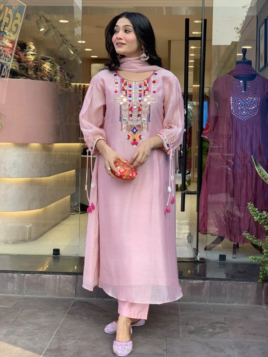 Blush Pink Mirror-Embroidered Suit – A Chic Ethnic Delight - Image 5