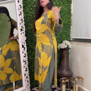 Floral Print Olive Green and Mustard Yellow Kurti