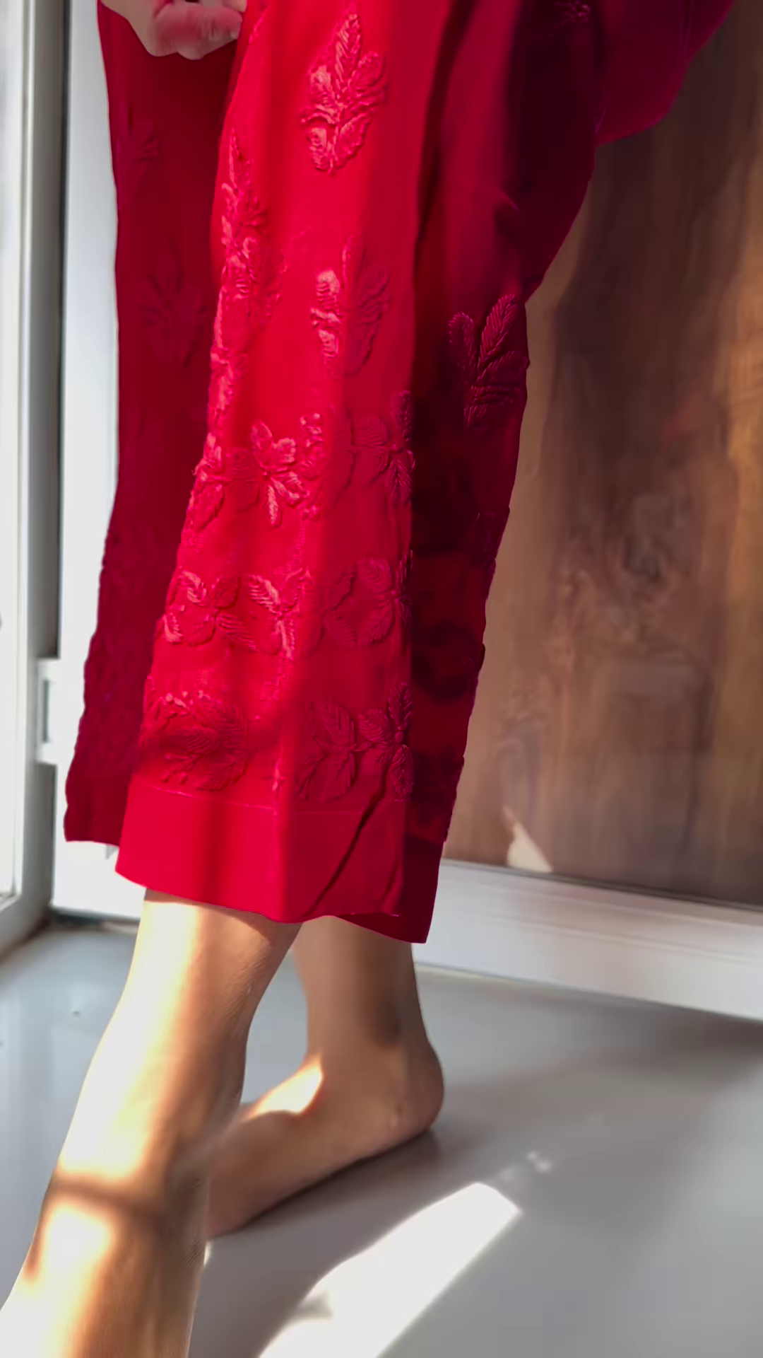 Vibrant Red Chikankari Kurta with Matching Dupatta - Image 3