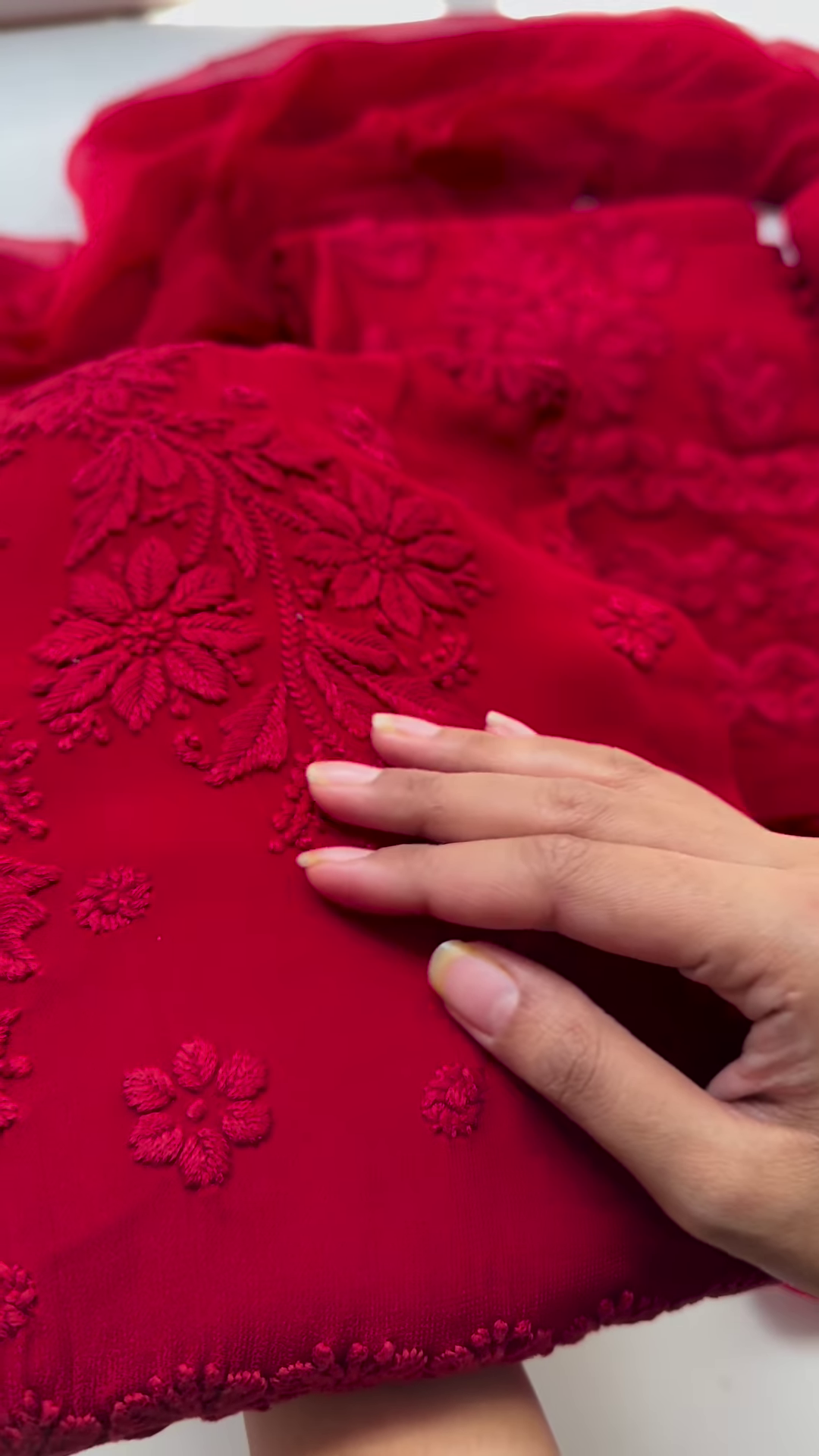 Vibrant Red Chikankari Kurta with Matching Dupatta - Image 2