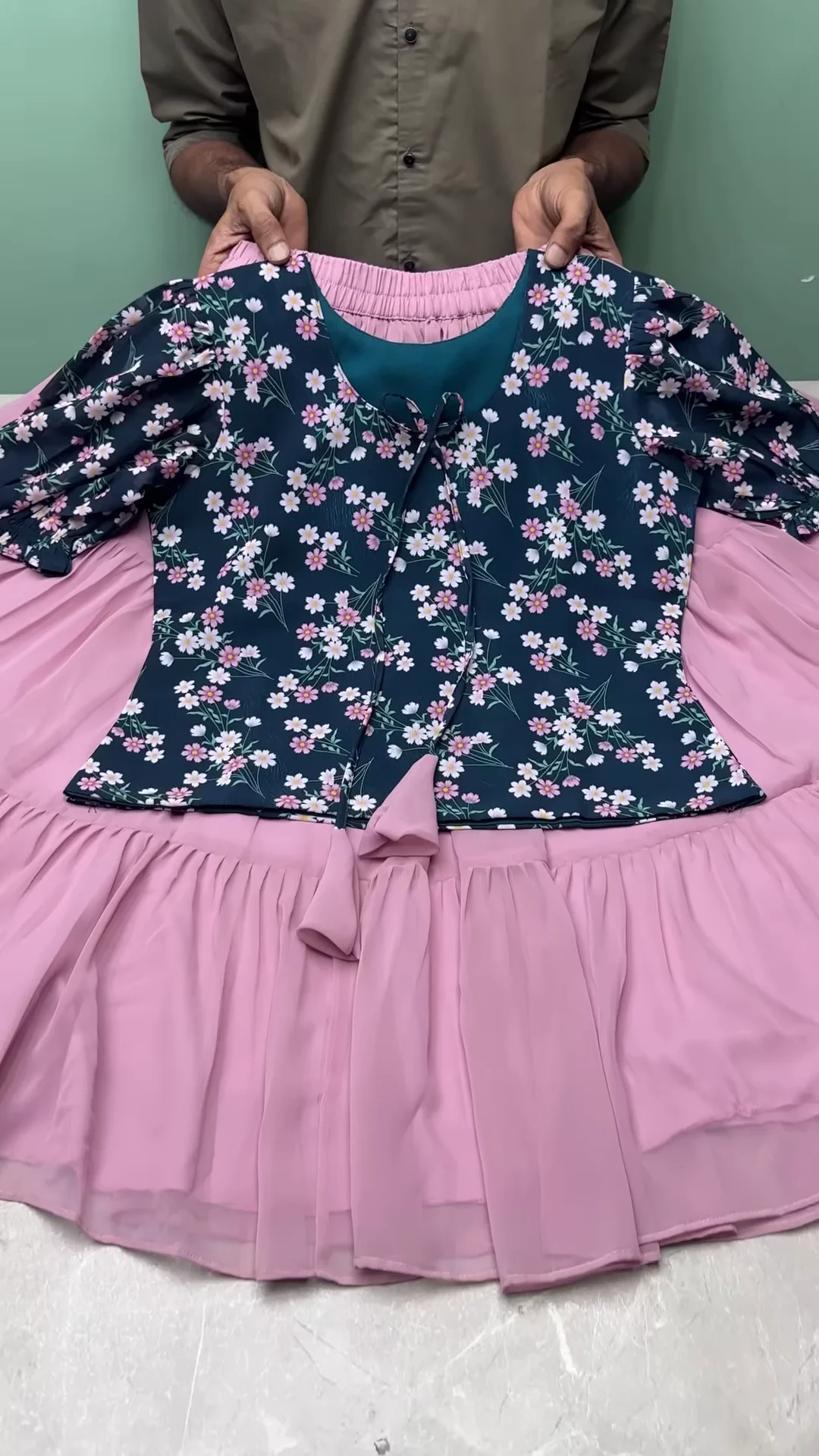 Floral Printed Peplum Top with Flowy Pink Skirt – Elegant & Trendy