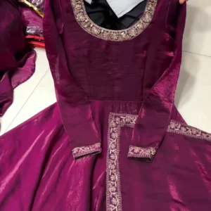 Regal Wine Anarkali Gown with Embellished Neckline – A Royal Statement