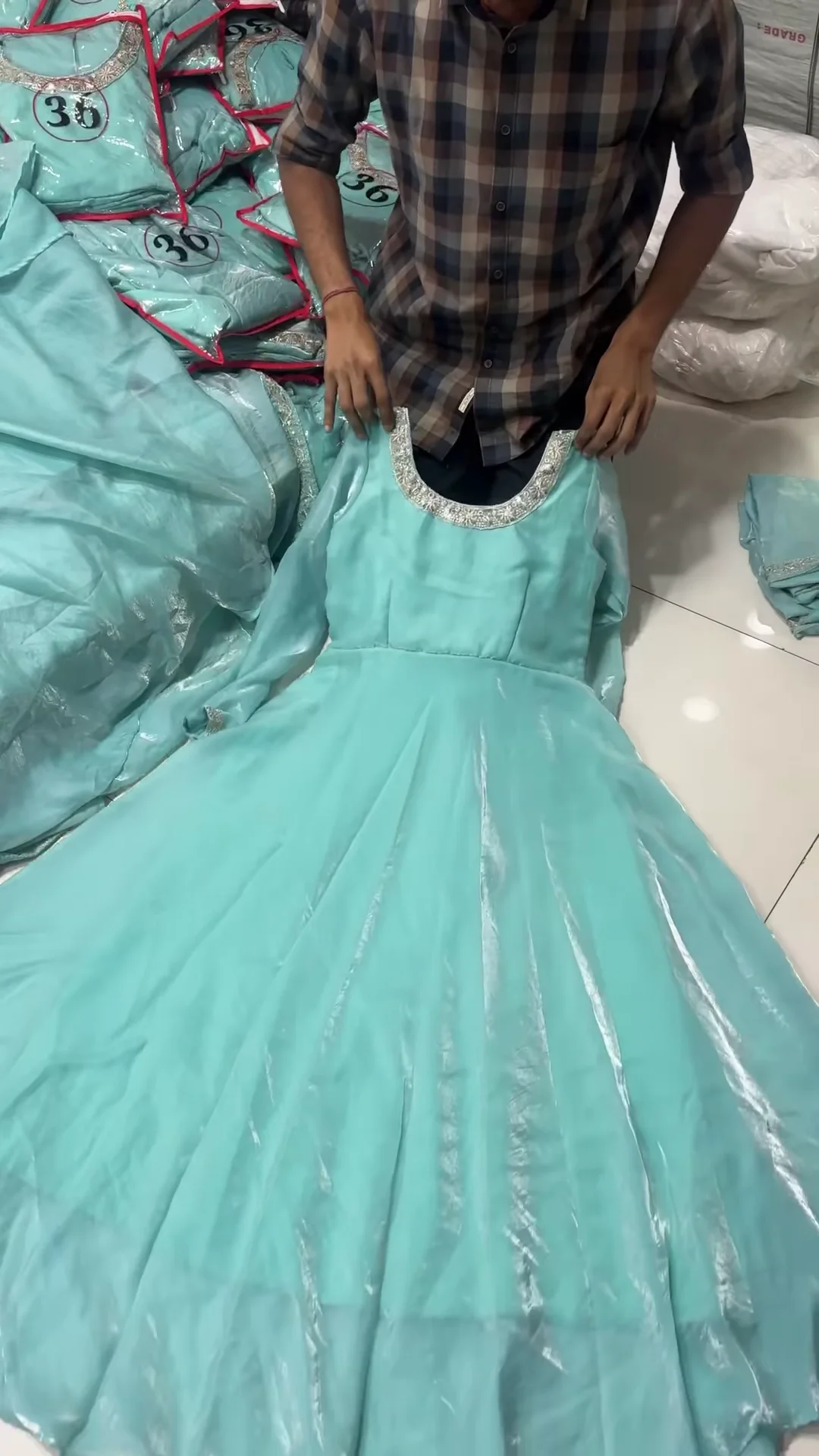 Aqua Blue Anarkali Gown with Embellished Neckline – A Dreamy Ethereal Look - Image 3