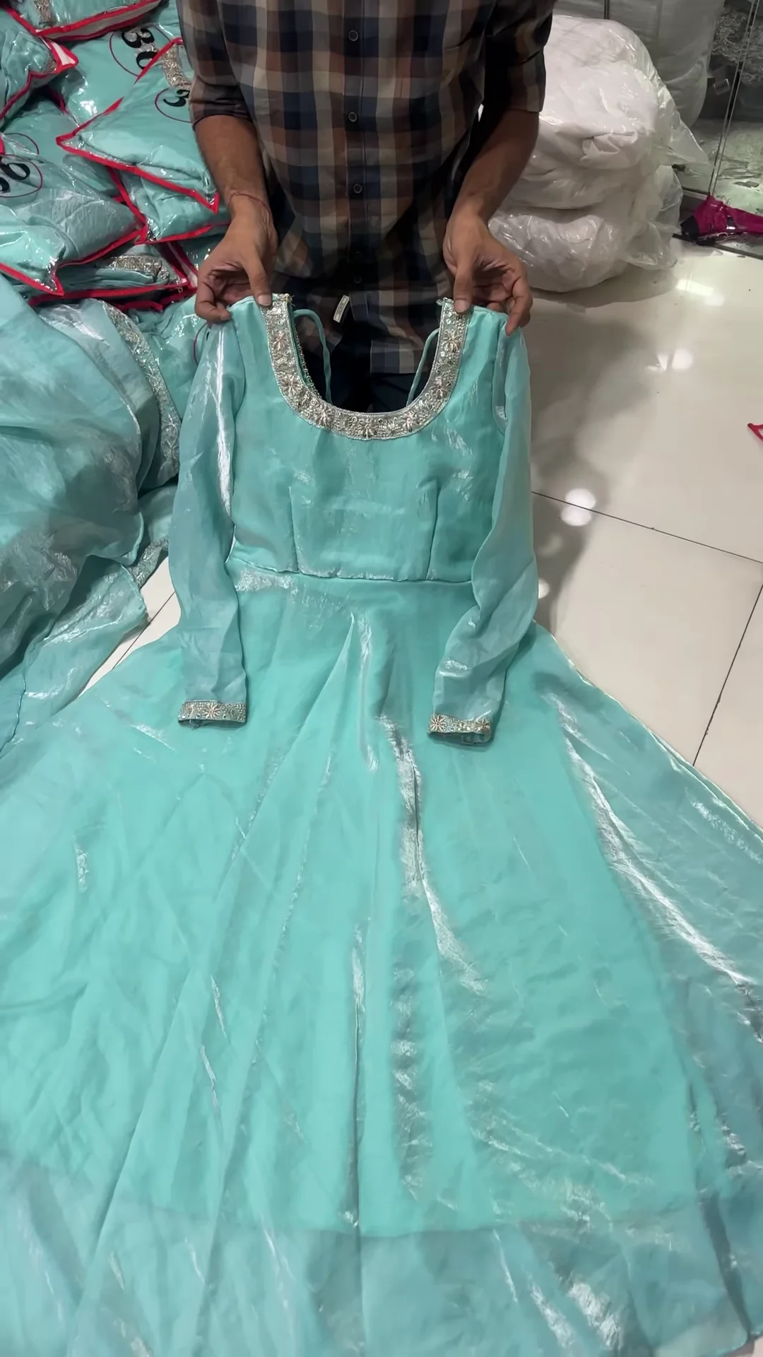 Aqua Blue Anarkali Gown with Embellished Neckline – A Dreamy Ethereal Look