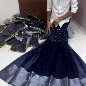 Navy Blue & Black Embroidered Gown – Elegant Partywear