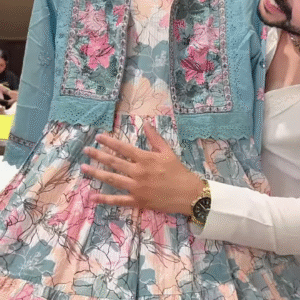 Floral Printed Dress with Embroidered Blue Jacket β Elegant Indo-Western Set for Women