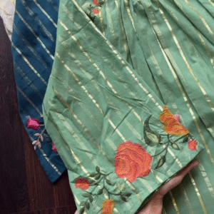 Embroidered Kurta Trio with Gold Stripes โ Floral Neckline Ethnicwear in Green, Blue & White