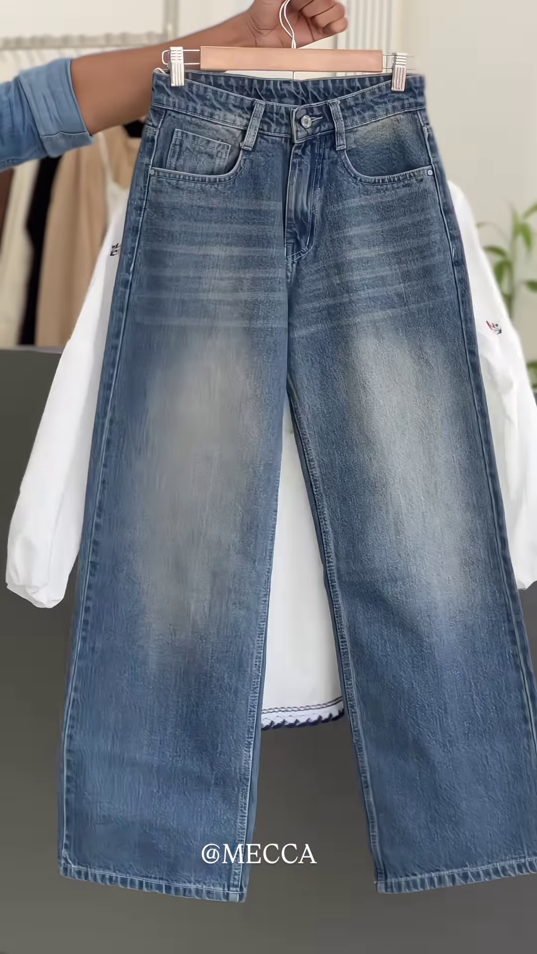 White Floral Embroidered Blouse with Tie Neck β Casual Chic Top Paired with Blue Jeans - Image 2