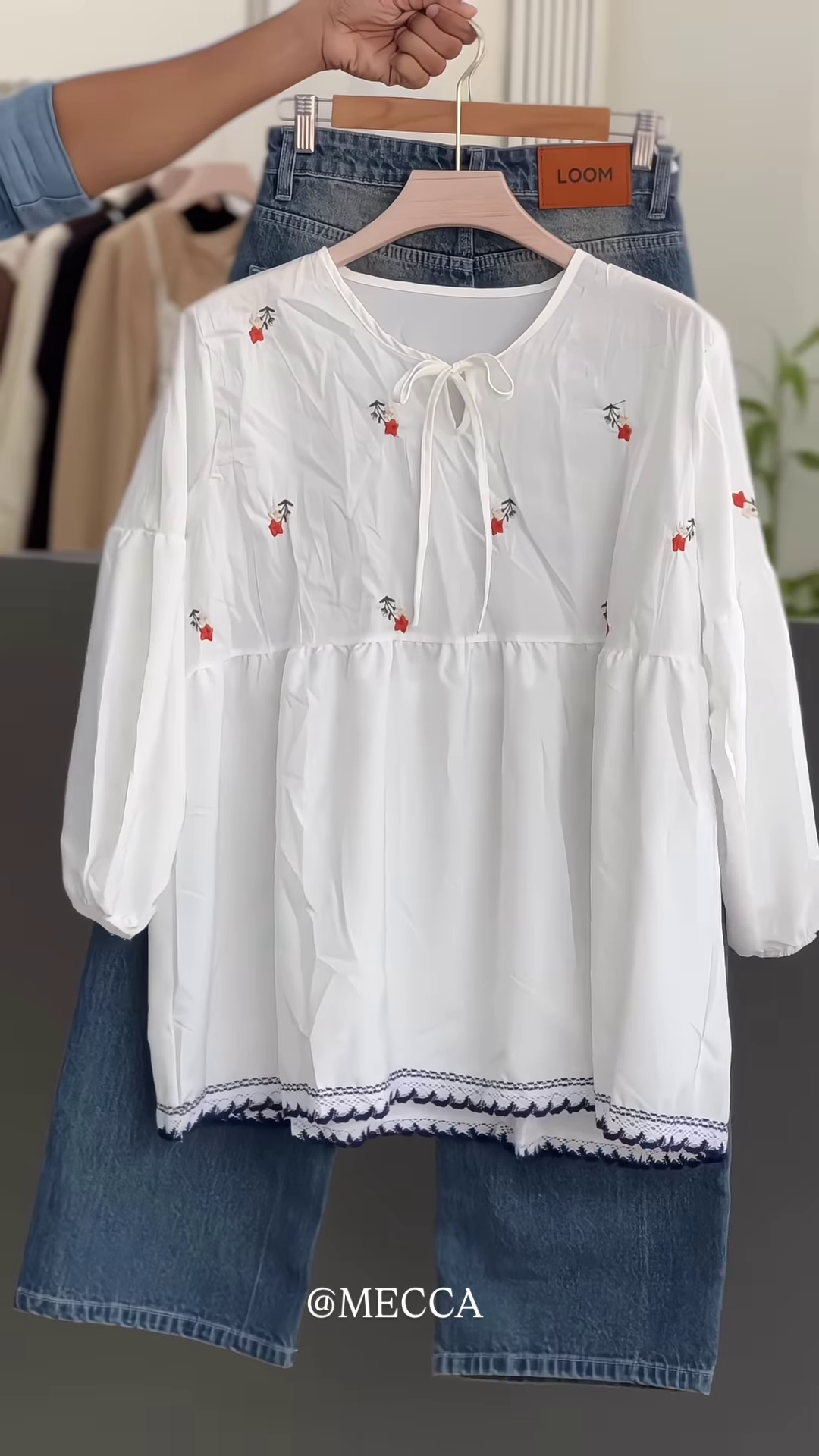 White Floral Embroidered Blouse with Tie Neck β Casual Chic Top Paired with Blue Jeans