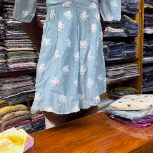 Light Blue Floral Printed Long-Sleeve Dress with Gathered Bodice for Women