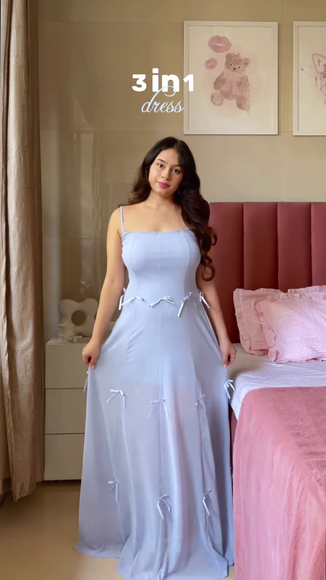 Light Blue Bow-Detail Strappy Dress – 3-in-1 Versatile Outfit for Women