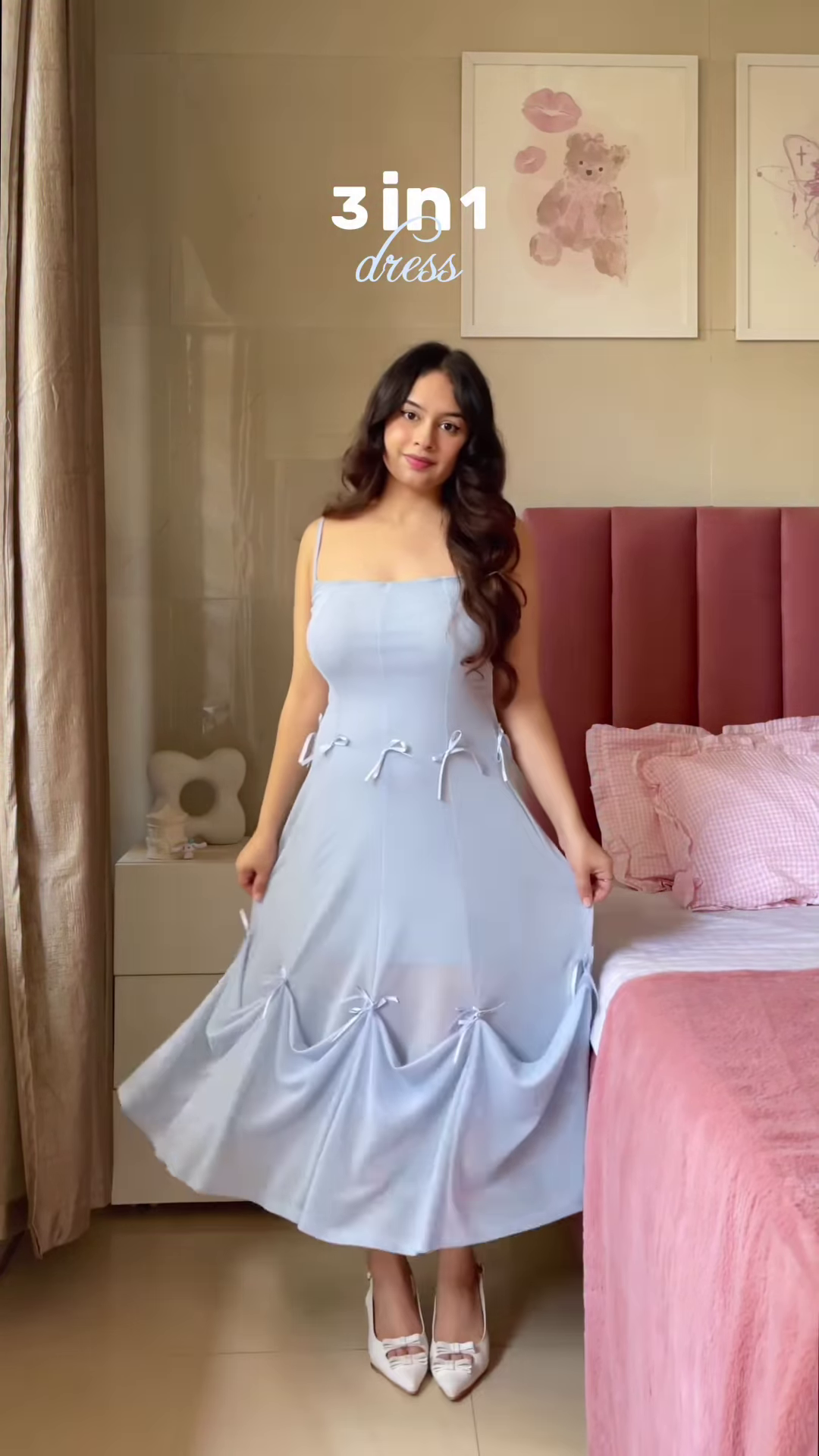 Light Blue Bow-Detail Strappy Dress – 3-in-1 Versatile Outfit for Women - Image 3