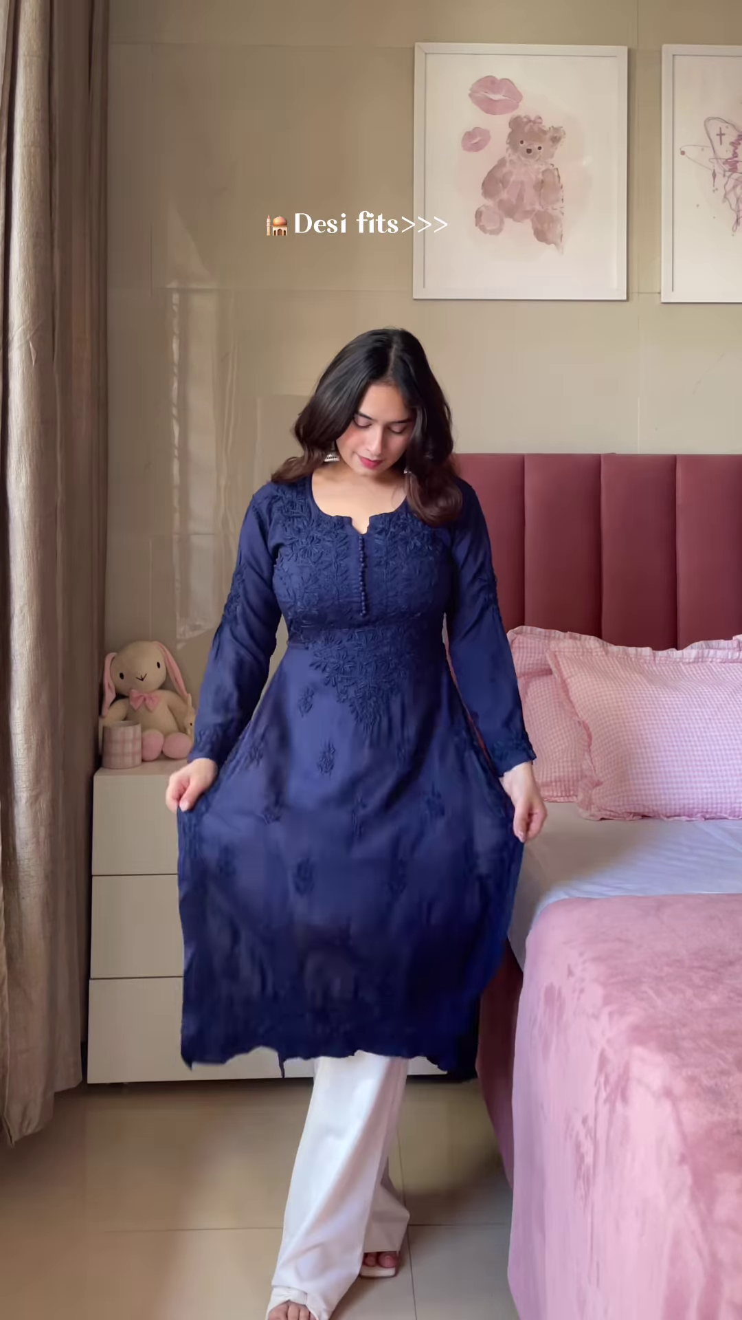 Dark Blue Embroidered Kurta with White Pants β Elegant Desi Outfit for Women