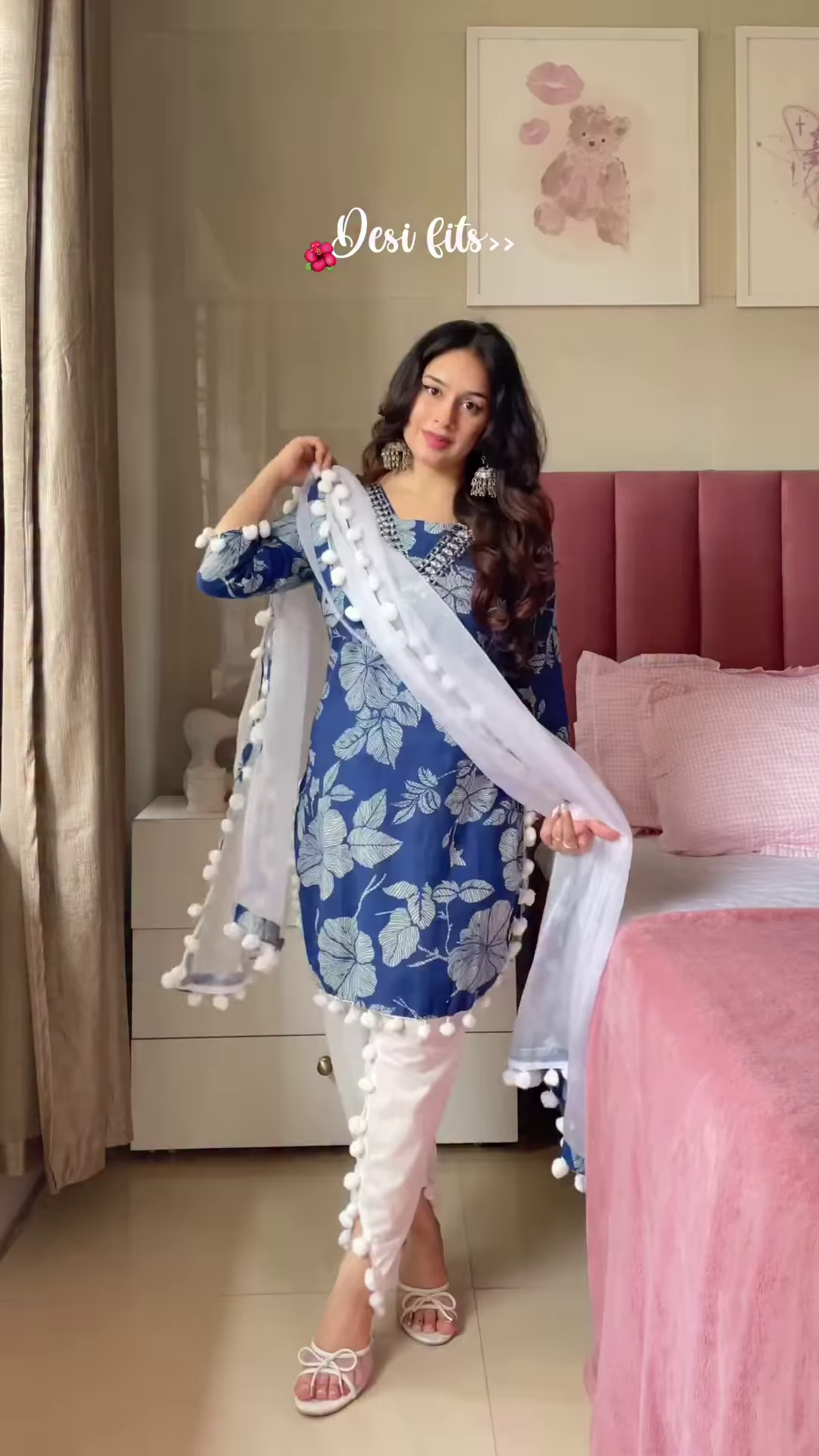Blue Floral Kurta Set with Pom-Pom Dupatta โ Ethnic Casualwear for Women - Image 5