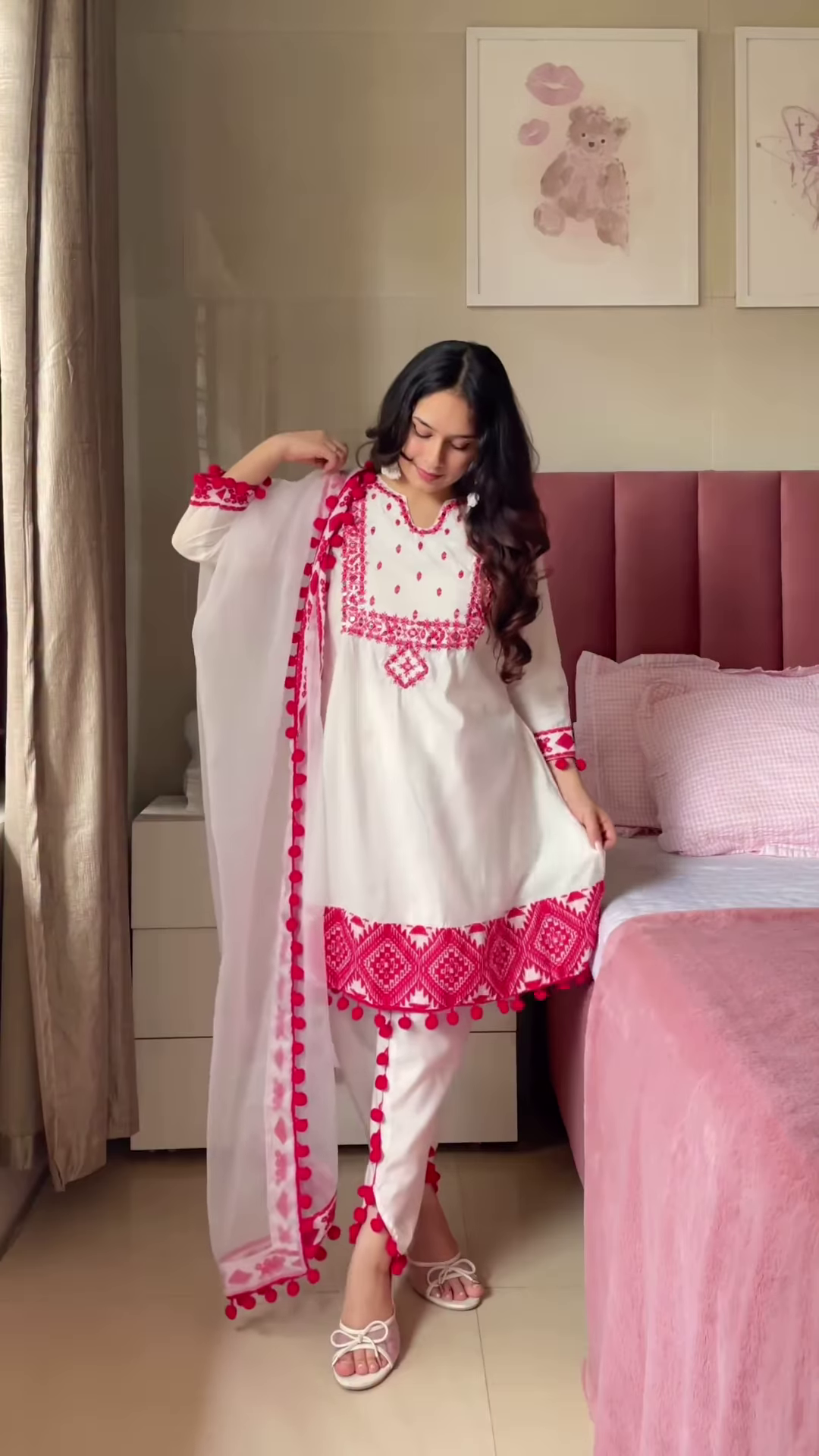 Blue Floral Kurta Set with Pom-Pom Dupatta โ Ethnic Casualwear for Women - Image 4