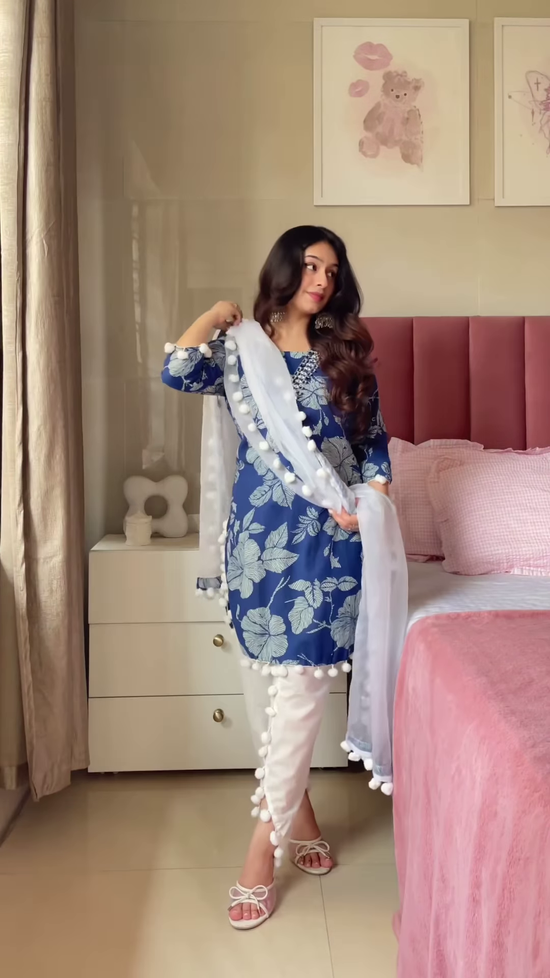 Blue Floral Kurta Set with Pom-Pom Dupatta โ Ethnic Casualwear for Women - Image 3