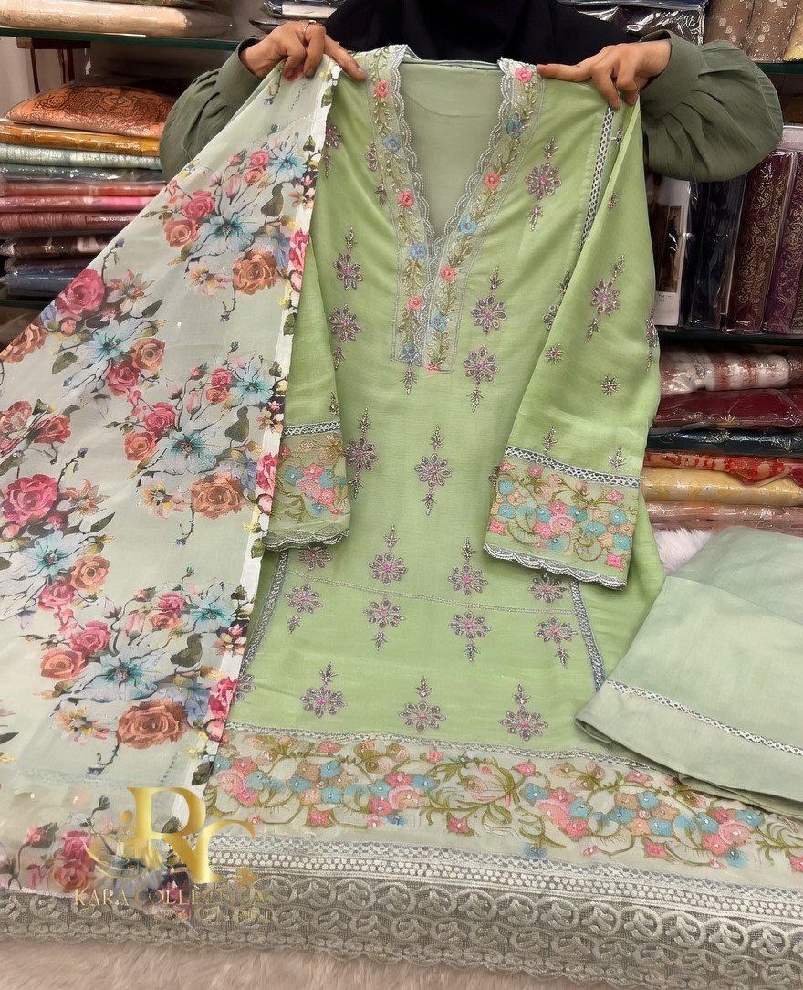 Mint Bloom Embroidered Lawn Suit with Floral Dupatta - Image 4