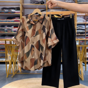 Abstract Print Shirt & Black Wide-Leg Pants Co-Ord Set