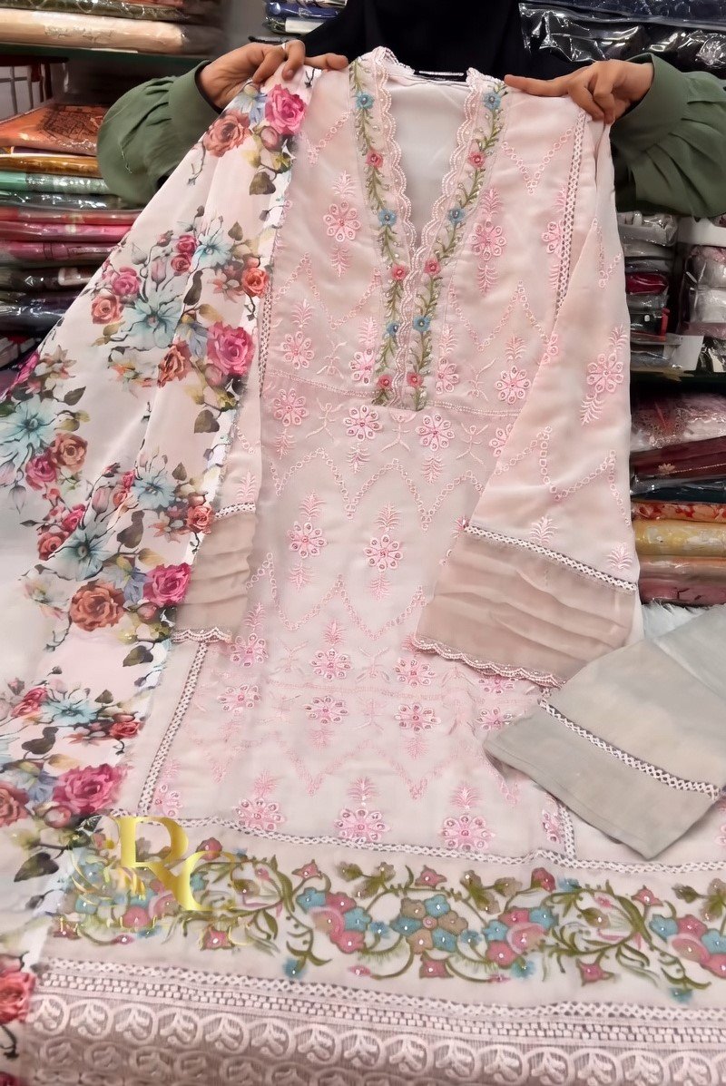 Mint Bloom Embroidered Lawn Suit with Floral Dupatta - Image 2