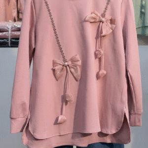 Elegant Pink Bow Detail Top & Denim Pants Set