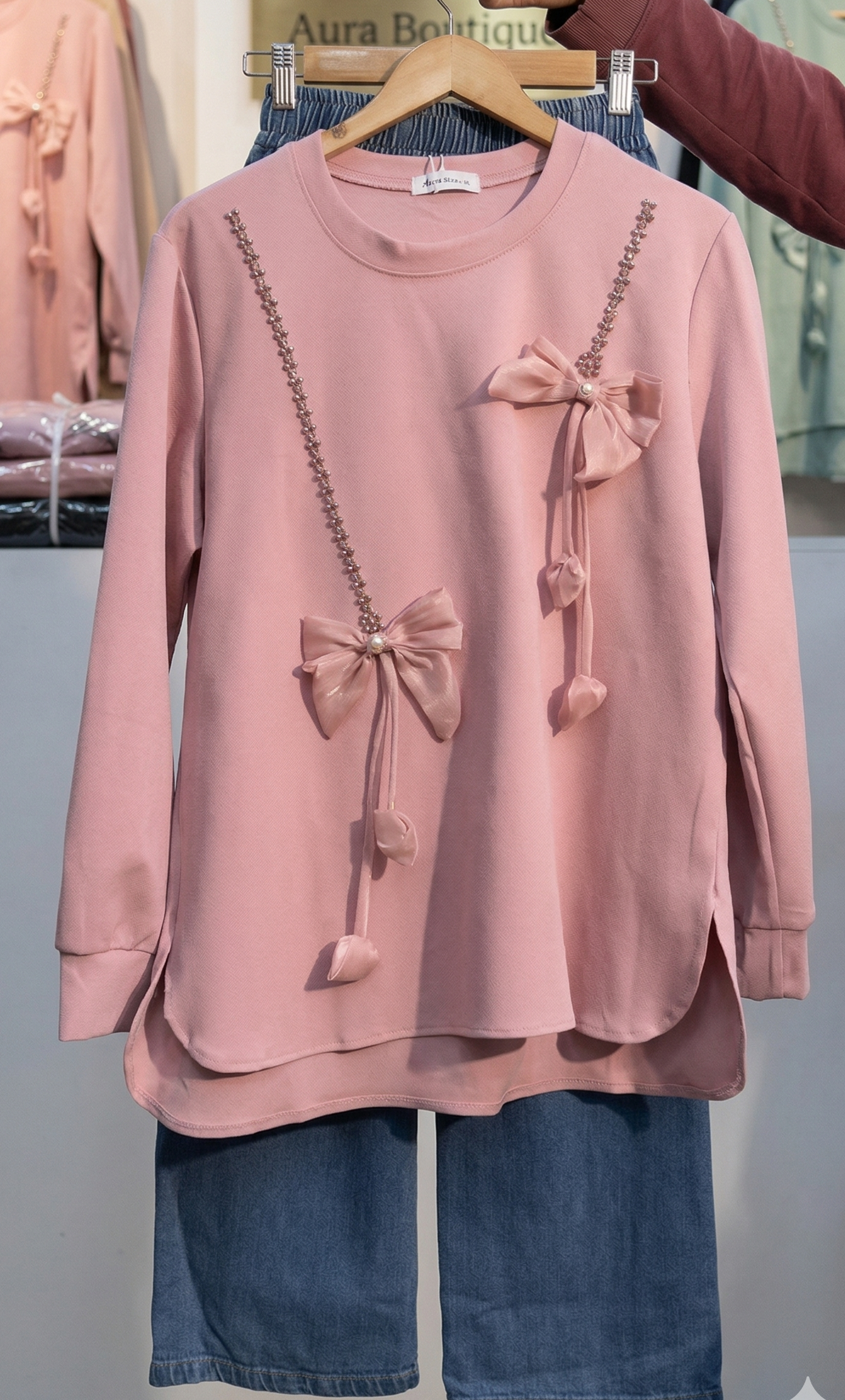 Elegant Pink Bow Detail Top & Denim Pants Set