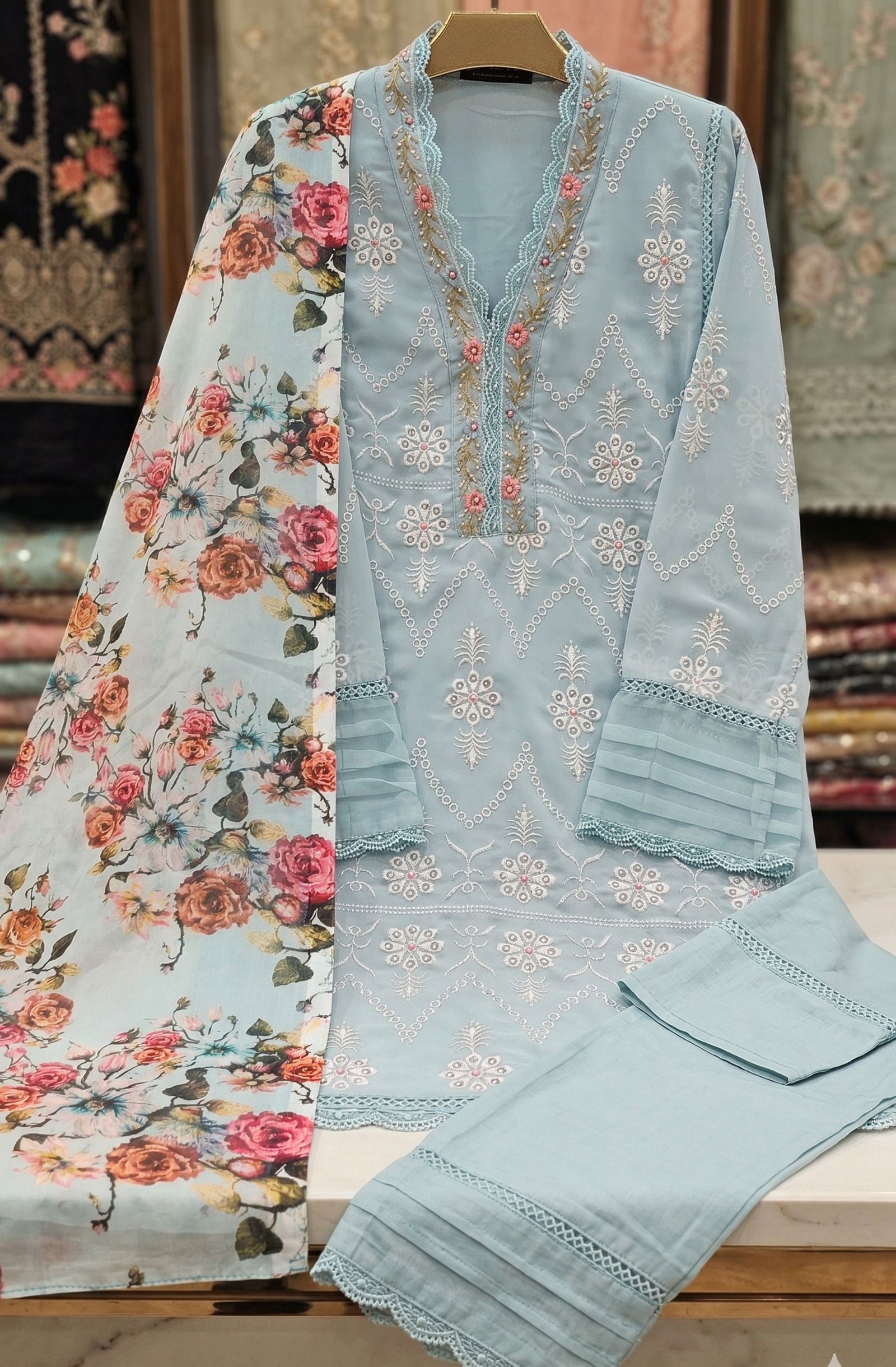 Mint Bloom Embroidered Lawn Suit with Floral Dupatta - Image 3