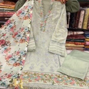 Mint Bloom Embroidered Lawn Suit with Floral Dupatta