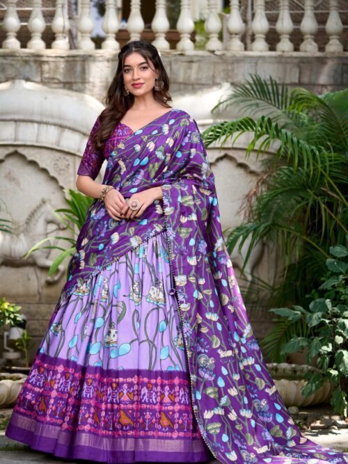 Lavender Pichwai & Patola Print Tussar Silk Lehenga Choli with Zari Weaving Border